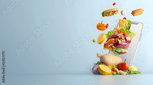 Obraz na płótnie Vibrant and eye catching 3D depicting various delicious food items such as burgers pizza tacos salads and desserts floating out of a mobile app screen w salonie