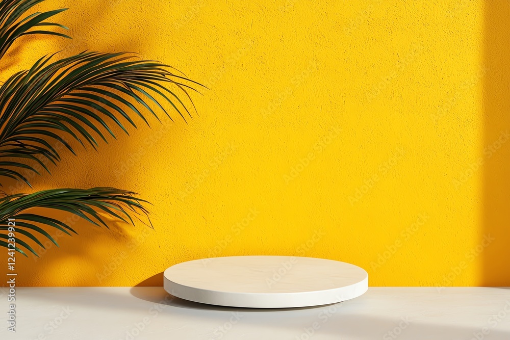 Obraz premium Minimalist display platform with yellow backdrop.
