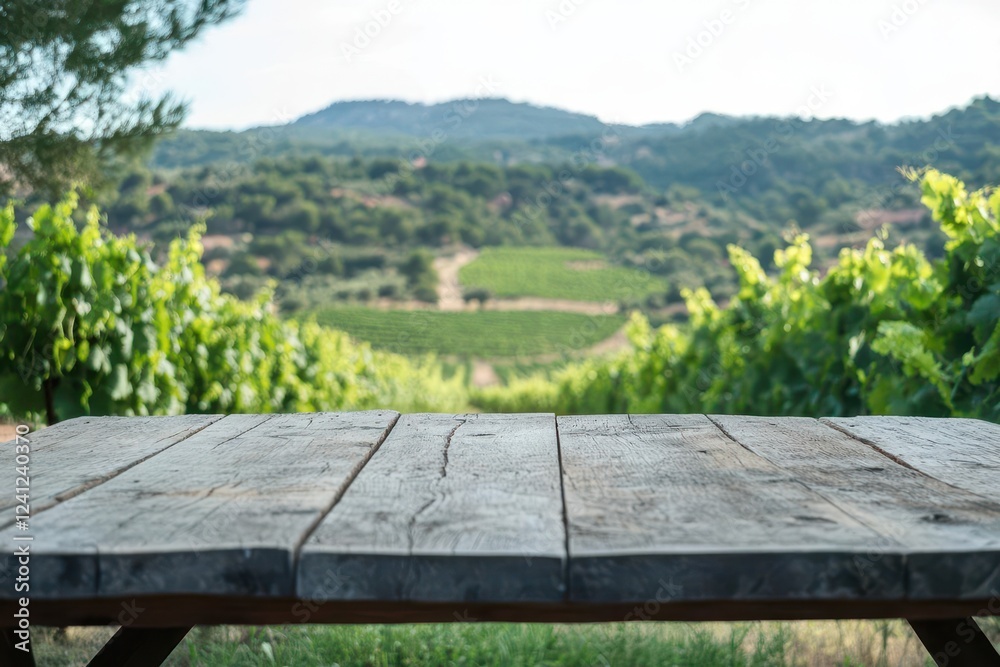 rustic wooden tabletop set against a blurred backdrop of lush vineyard landscape, evoking a sense of tranquility and charm