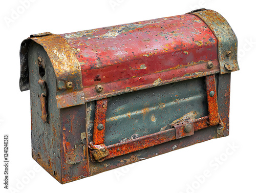 Rusted metal storage box with a red handle positioned on a wooden surface in natural lighting