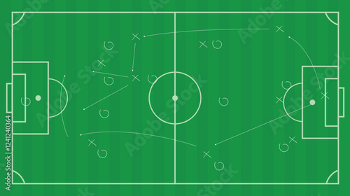 Background of soccer team formation and tactic drawing on the green football chalkboard board. Soccer playbook to win the championship.