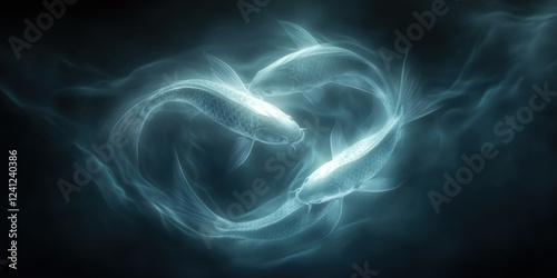 Five patronus style fish swim together in a figure eight with atmospheric glow