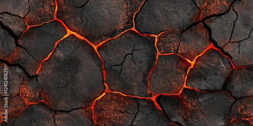 Dramatic cracked lava stone background with glowing red-orange veins between black volcanic rock.