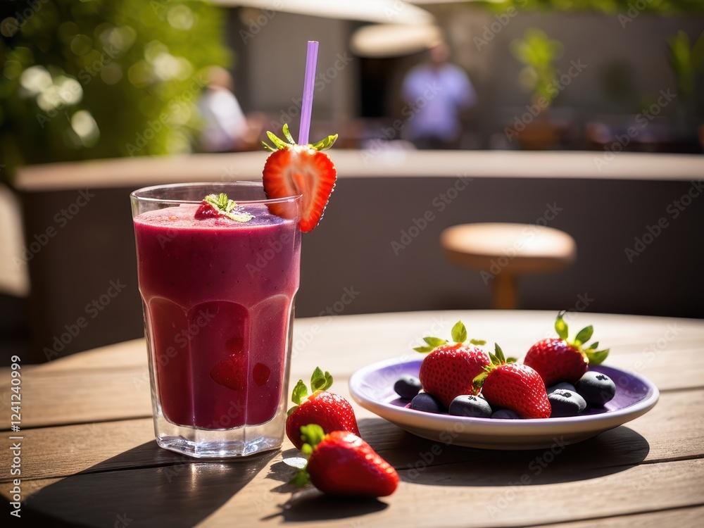 Strawberry acai refresher garnished with fresh strawberries on wooden table at outdoor cafe terrace. Summer purple drink with red umbrella and palm trees in sunlit background Strawberry acai refresher garnished with fresh strawberries on wooden table at outdoor cafe terrace. Summer purple drink with red umbrella and palm trees in sunlit background