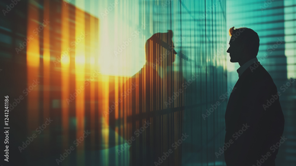 Group of business people silhouettes in modern office building and business network concept. Human resources with pastel innovation charts and graphs with statistics to analyze business Group of business people silhouettes in modern office building and business network concept. Human resources with pastel innovation charts and graphs with statistics to analyze business