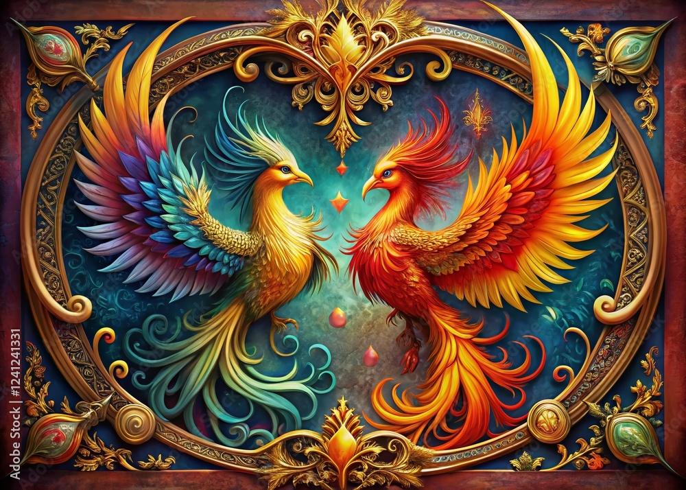 Fototapeta premium Vintage Phoenix Birds Frame, Text Space, Mythical Creature, Fantasy Design, High-Resolution Stock Photo