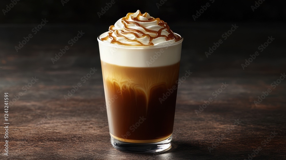 A delicious layered coffee drink topped with whipped cream and caramel drizzle, served in a clear glass against a dark backdrop. A delicious layered coffee drink topped with whipped cream and caramel drizzle, served in a clear glass against a dark backdrop.
