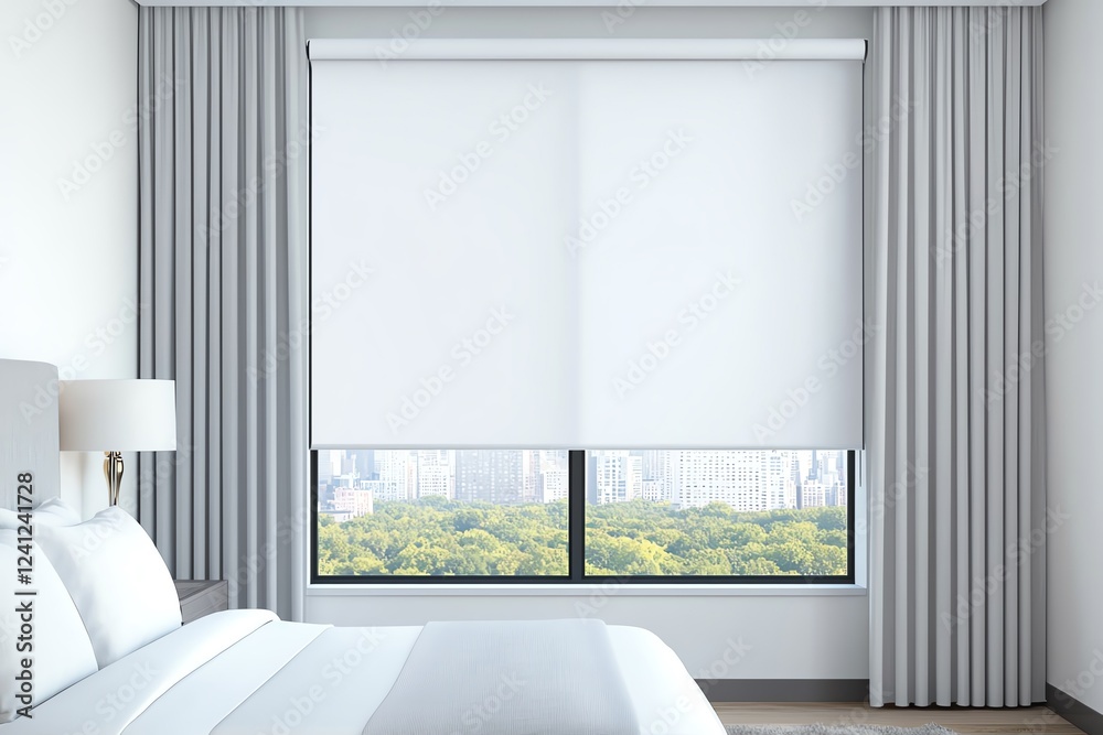 Fototapeta premium Modern bedroom with white roller blinds.