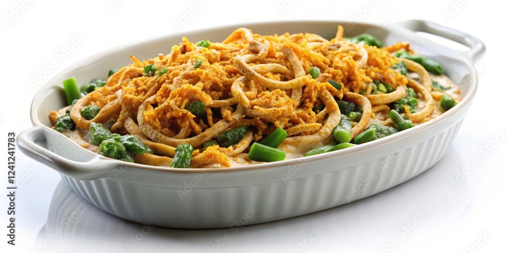 Classic green bean casserole topped with crispy fried onions and melted golden brown cheese in a white ceramic dish , cheese, side dish Classic green bean casserole topped with crispy fried onions and melted golden brown cheese in a white ceramic dish , cheese, side dish
