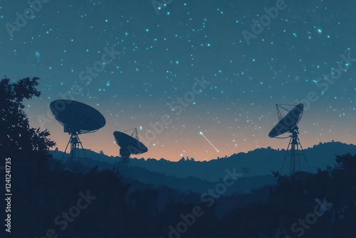 satellite dishes sprawling across a landscape, receiving signals from outer space, silhouetted against a starry night sky with radio frequency waves emanating