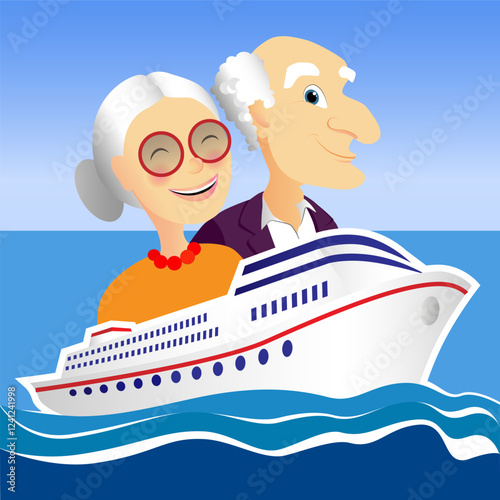 Vector illustration of happy senior couple traveling on cruise, with blue sea and sky background and ship seen from outside.