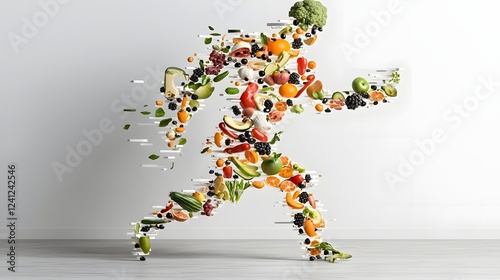 Obraz na płótnie Visually striking 3D depicting a dynamic surreal humanoid figure composed of vibrant fruits and vegetables captured in a blurred motion pose that showcases its imaginative experimental design w salonie