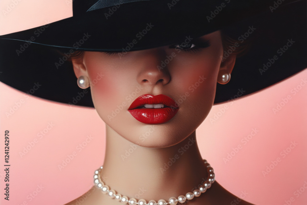 Stylish woman with red lips, pearl jewelry, and a wide-brimmed hat, on a pink background Stylish woman with red lips, pearl jewelry, and a wide-brimmed hat, on a pink background