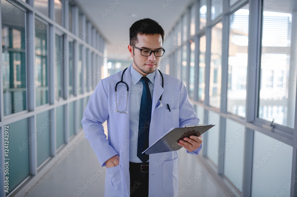 Fototapeta premium A male doctor is standing checking a list of patients in a hospital corridor.
