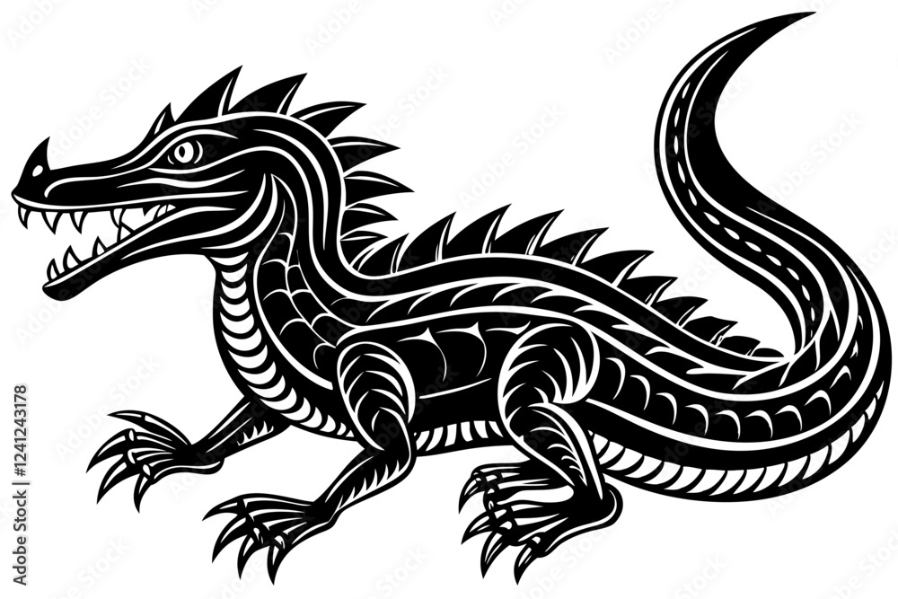 Black and White Stylized Alligator with Tribal Art and Intricate Patterns Black and White Stylized Alligator with Tribal Art and Intricate Patterns