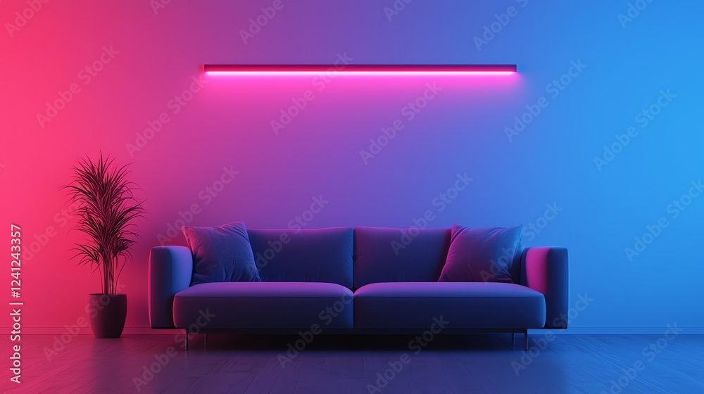 Modern couch in colorful illuminated room. Modern couch in colorful illuminated room.