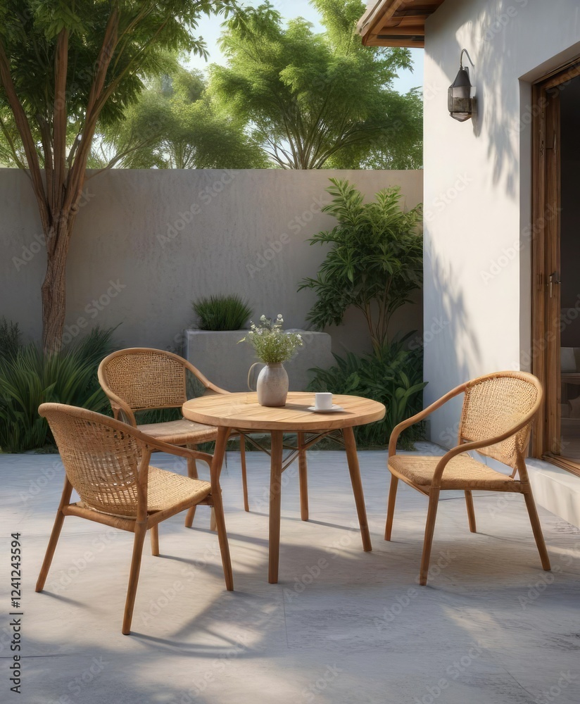 Fototapeta premium Minimalist backyard decor with simple wicker chairs and wooden table, minimalist, patio, neutral tones