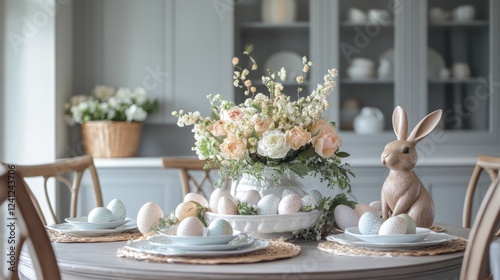 Wallpaper Mural Elegant Easter dining setup with a cozy round table, a floral centerpiece, pastel eggs, a rabbit sculpture, and a homemade cake Torontodigital.ca