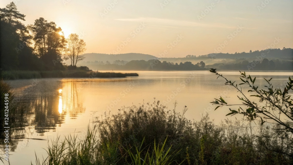 Fototapeta premium Morning sunlight dances on the surface of a serene lake, reflected light, sunlit lake, fluid motion, soft focus