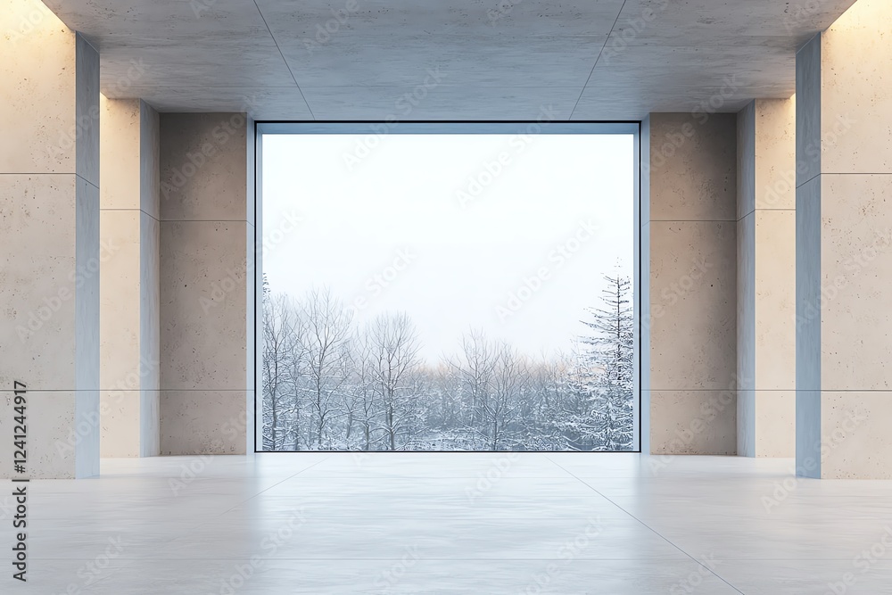 Obraz premium Modern interior with large window and snowy view