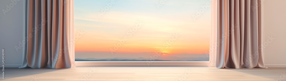 Naklejka premium Modern interior with sunset view through window.