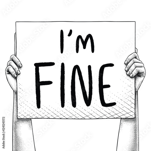 Hand raising a sign that says I'M FINE
