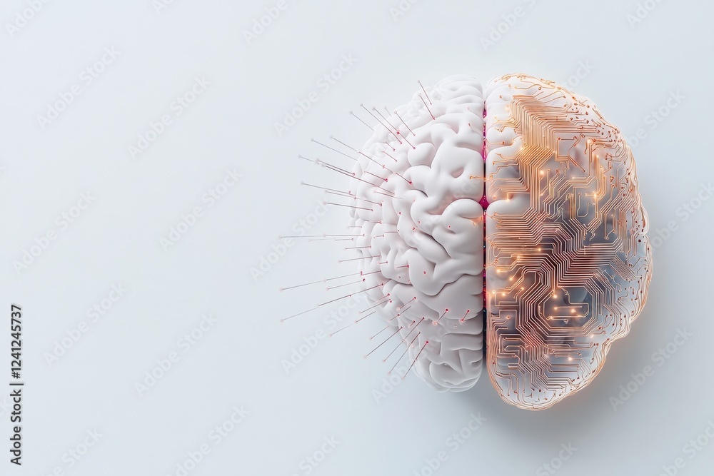 Fototapeta premium Explore innovative artificial intelligence technology with this conceptual image of a human brain integrated with digital circuitry.