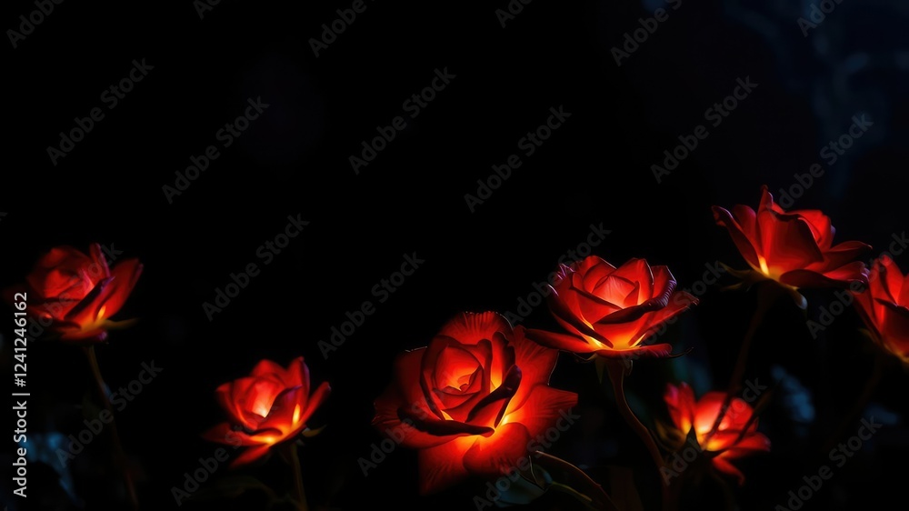 Obraz premium Neuron Rose Flowers Shining in Dark Night, botanical, purple