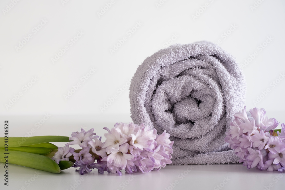Spa-Themed Composition with Hyacinths and Rolled Towel Spa-Themed Composition with Hyacinths and Rolled Towel