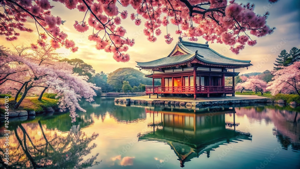 Fototapeta premium Tranquil Japanese Pavilion, Cherry Blossoms, Lake - Vintage Photography