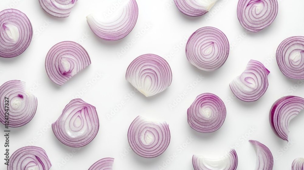 Fresh whole and sliced onions on a white surface, seen from above Fresh whole and sliced onions on a white surface, seen from above