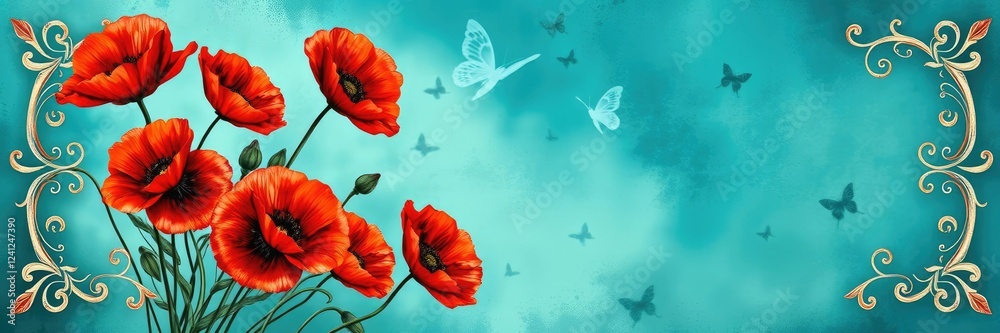 Obraz premium Ornate floral frame featuring red poppies against a backdrop of butterfly blue and green hues in a grunge inspired color palette, soft pastels, grunge background, red poppies