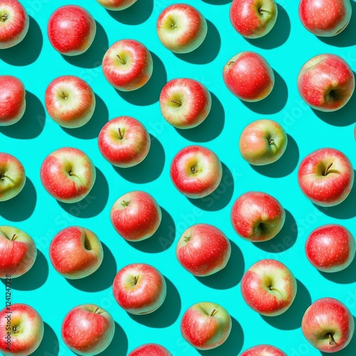 Fruit pattern of red apple on blue background. Flat lay, top view. Pop art design, creative summer concept. Food background. , isolated on white background,  , copy space for text,