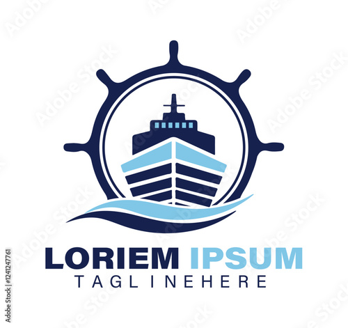 A blue and white logo for a ship on a white background