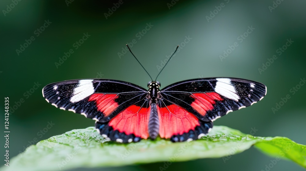 Red & black butterfly on leaf, jungle background, nature photography Red & black butterfly on leaf, jungle background, nature photography