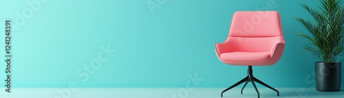 Modern pink chair against a blue wall.