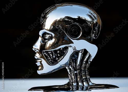 Melted liquid chrome  side head profile of a female robot over black background , isolated on white background,  , copy space for text,