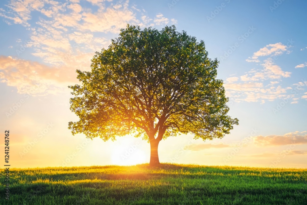 Obraz premium Silhouette of tree against vibrant evening sky.