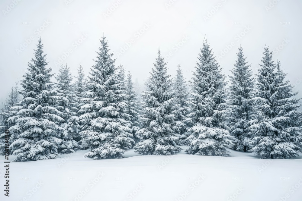 Snow-covered pine trees in serene winter forest. Snow-covered pine trees in serene winter forest.