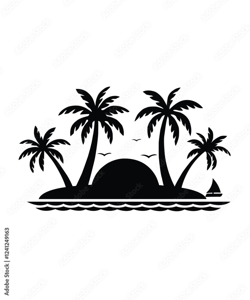 Fototapeta premium Tropical island silhouette with palm trees, birds, and a sailing boat on calm ocean waves. Perfect for travel, vacation, and beach-themed designs.