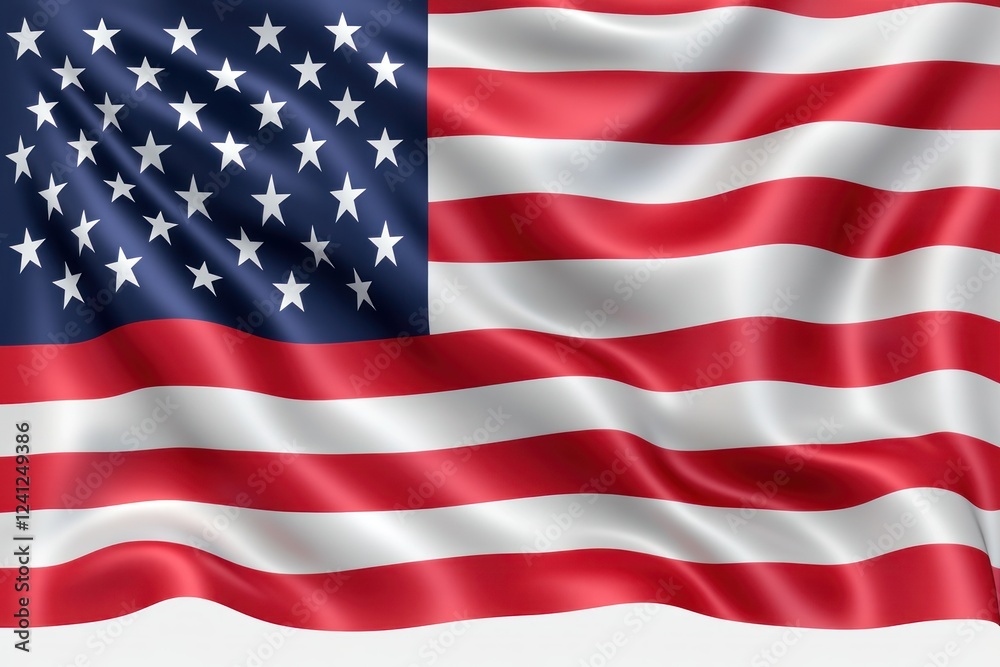 Obraz premium American Flag Waves in Bright Colors on White Background Symbolizing Patriotism and Freedom