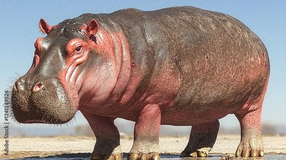 Hippopotamus standing in African savanna; wildlife documentary Hippopotamus standing in African savanna; wildlife documentary