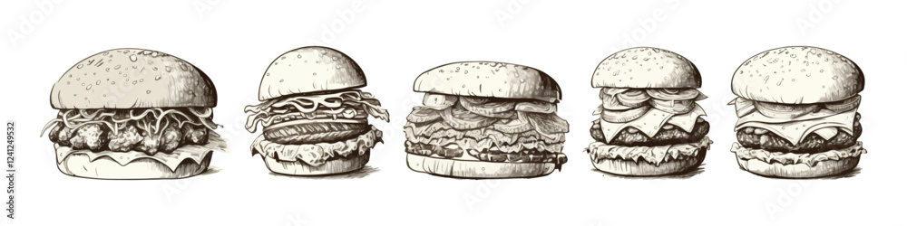 Hand draw set with burger. Vector illustration. Fast food.