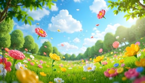 Whimsical Spring Meadow: Cartoon Flowers Dance in Sunny Breeze