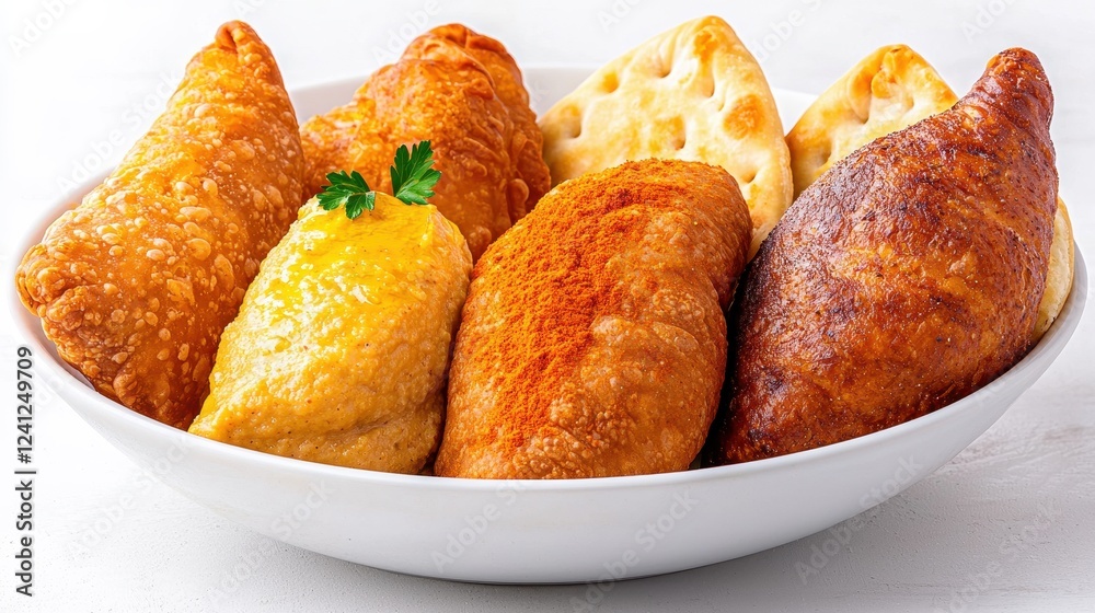 Assorted Delicious Savory Pastries Served on a White Plate with Garnish Assorted Delicious Savory Pastries Served on a White Plate with Garnish