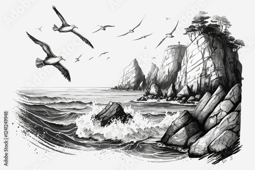 Sea landscape illustration. Background with seascape. Hand draw.