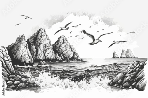 Sea landscape illustration. Background with seascape. Hand draw.
