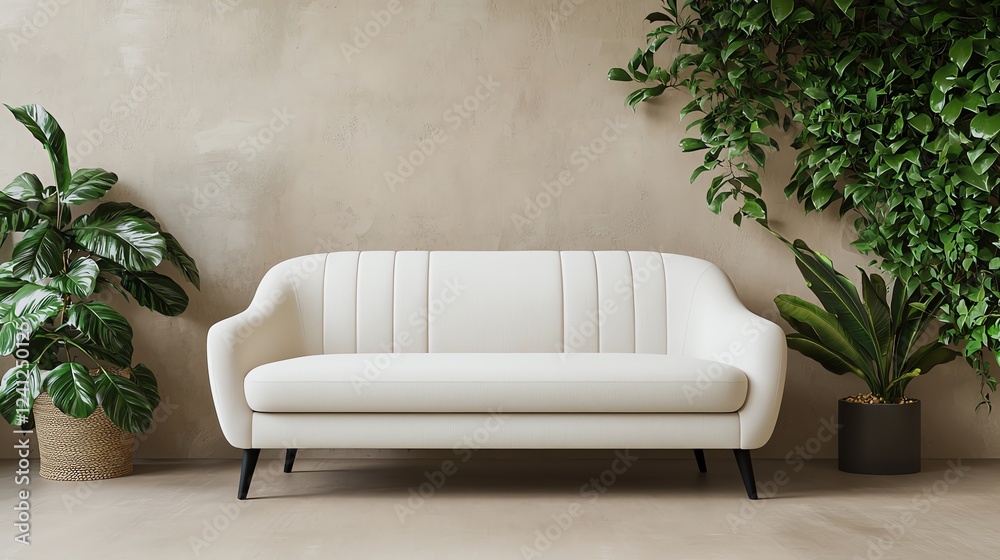 Obraz premium Modern white sofa with stylish plants