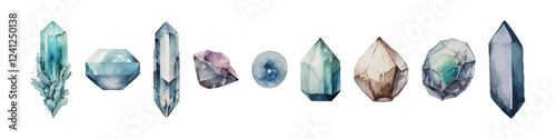 Watercolor minerals and crystals set. Magic rock illustration.