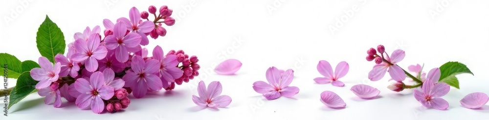 Obraz premium Lilac flowers isolated on white background with some green leaves, fresh, petals